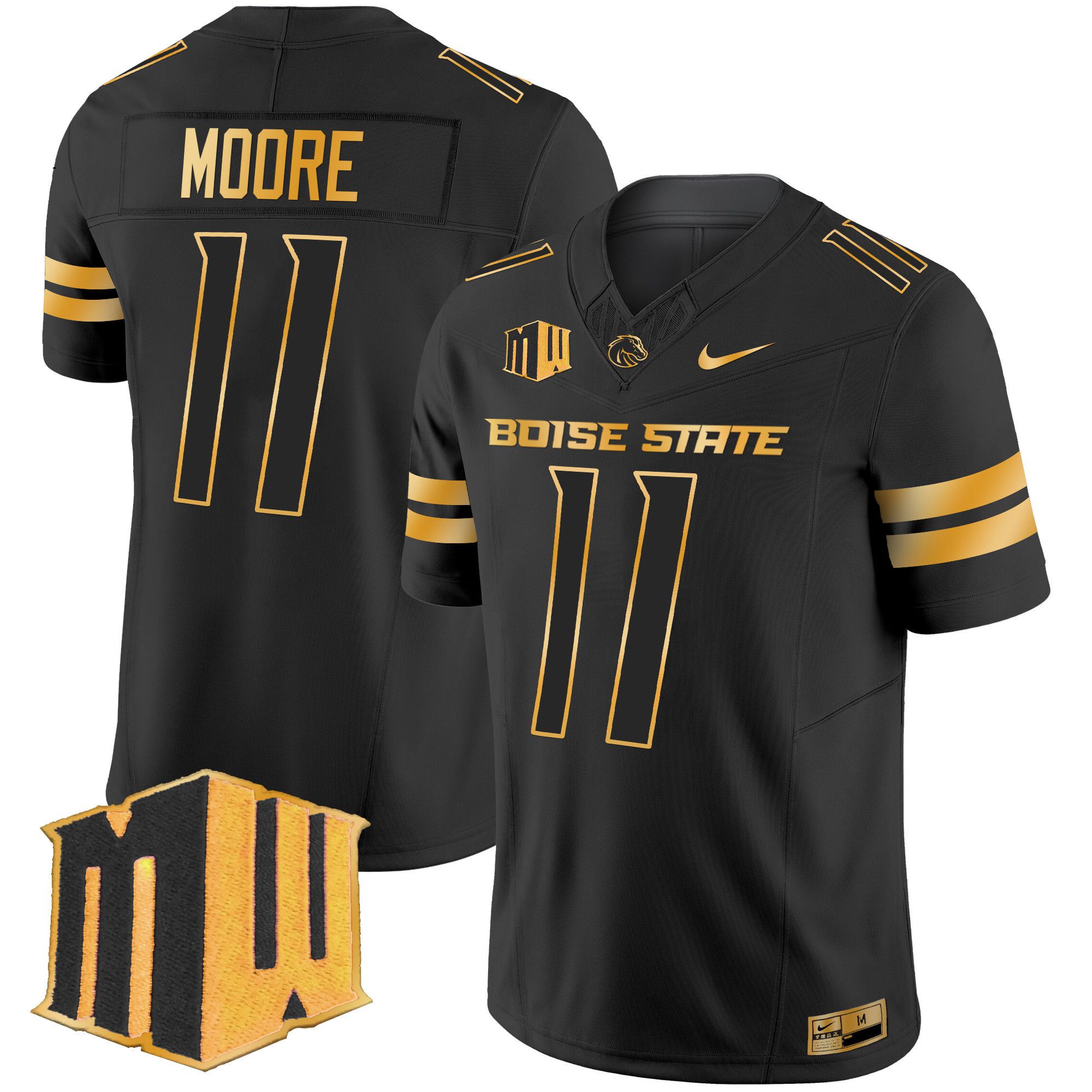 Men Boise State Broncos #11 Moore Black Nike 2024 Gold Vapor Limited NCAA Jersey style 1